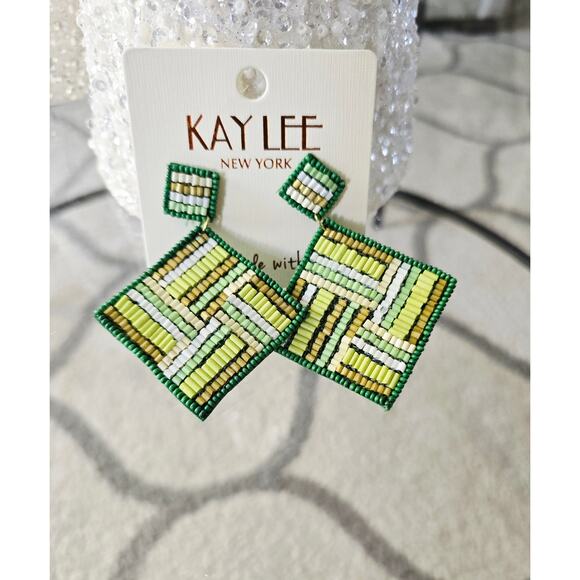 Kay Lee Green Beaded Earrings New - Picture 1 of 4